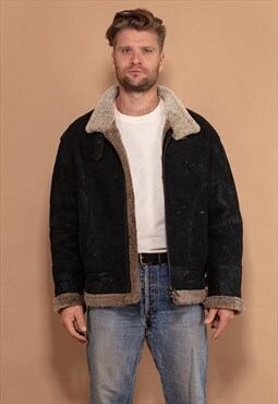 Vintage 90's Men Sheepskin Pilot Jacket in Black