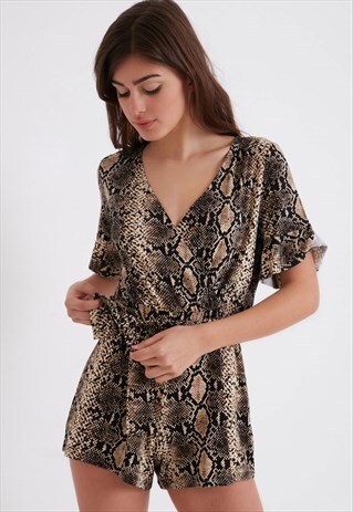 PLAYSUIT IN SNAKESKIN PATTERN - BEIGE AND BLACK