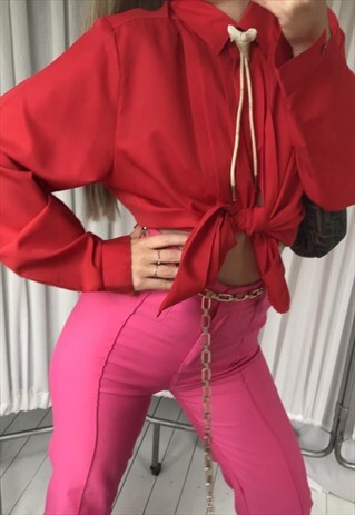 VINTAGE 70S RED PLEATED FRONT BLOUSE