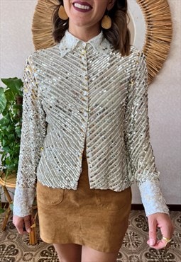 1990's vintage silver and gold sequin blouse with glass bead
