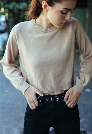 CROPPED BALLOON SLEEVE JUMPER - BEIGE
