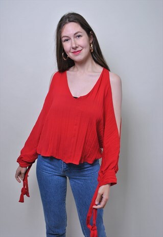 Red lace blouse, 90s vintage evening ribbed shirt 