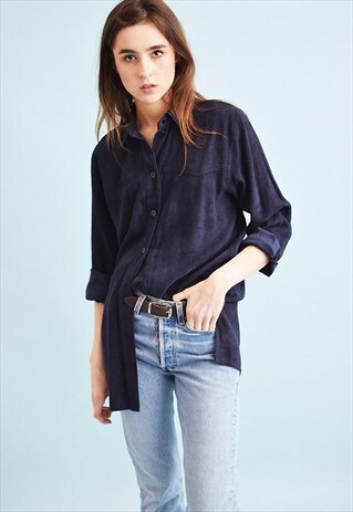 90'S RETRO FAUX SUEDE GRUNGE OVERSIZED NAVY BLUE SHIRT TOP