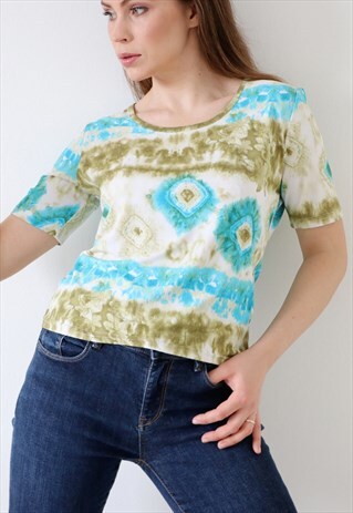 VINTAGE TIE DYE TOP 90S T-SHIRT TROPICAL PALM PRINT BOHO