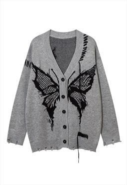 Gothic cardigan distressed jumper knitted butterfly top grey
