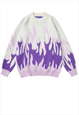 Flame sweater Burning fire knitted jumper in purple cream