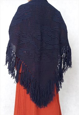 Knit Dark Blue Scarf, 80s Crochet Shawl, Fringe Knitted 
