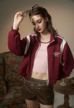 Cropped track jacket retro sport short bomber jacket in red