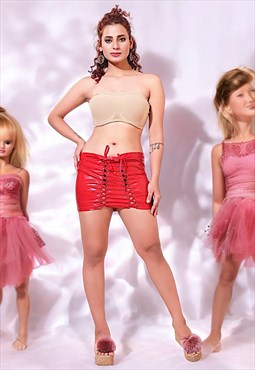 Red PVC V-Cut Mini Partywear Clubwear Shiny Eyelet Skirt