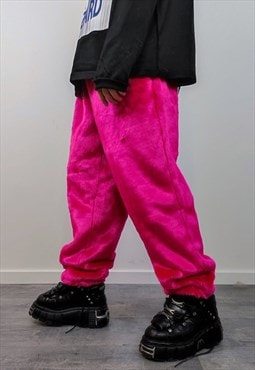 pink faux fur joggers winter rave pants fluffy ski trousers