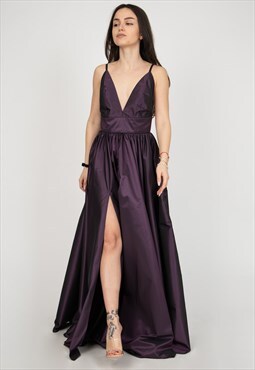 Taffeta Dress Evening Long Prom Dress Purple Open Back F2383