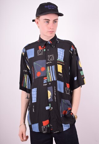 MENS VINTAGE CRAZY PRINT SHIRT MEDIUM BLACK 90'S