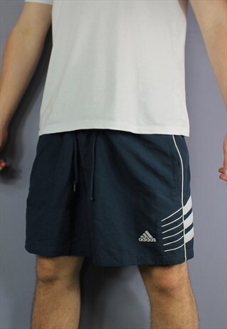 VINTAGE ADIDAS SHORTS IN NAVY WITH POCKETS, EMBROIDERED LOGO