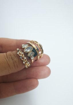 4 Pack Gold Stacking Rings w Rhinestone, Chain & Leaf Detail