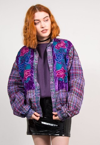 VINTAGE 90'S PURPLE CHECK HIPPIE ZIP JACKET
