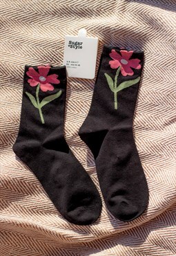 Black Flower Illustrated Ankle Top Socks