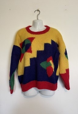 Vintage Mohair Wool Bright Pattern 80s Rainbow Jumper S/M