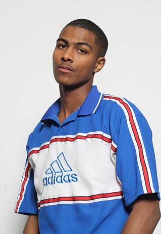 VINTAGE ADIDAS BIG LOGO SHORT SLEEVE POLO T-SHIRT BLUE