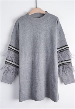 Jumper with Feather and Sequin Embellished Sleeves in Grey