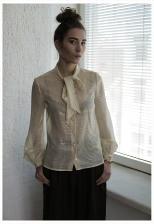 VINTAGE 70'S BEIGE GLOSSY STRIPES TRANSPARENT BOW BLOUSE