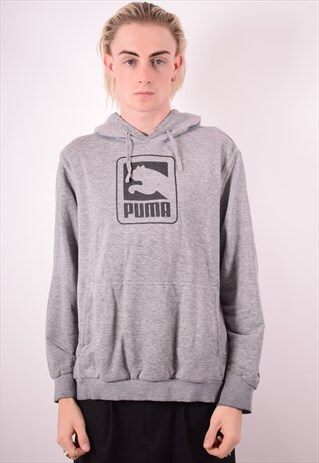 PUMA MENS VINTAGE HOODIE JUMPER LARGE GREY 90S