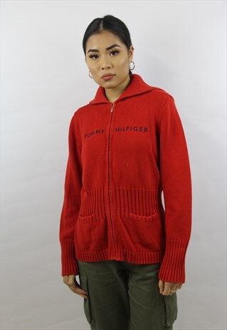 VINTAGE TOMMY HILFIGER RED ZIP-UP KNIT JUMPER