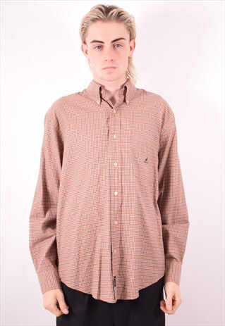 NAUTICA MENS VINTAGE SHIRT MEDIUM ORANGE CHECK 90S