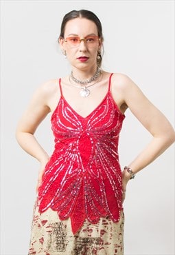 Vintage Y2K sequins top in red mesh bodycon women