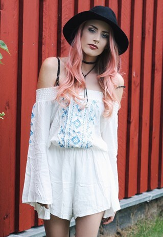 OFF-THE-SHOULDER EMBROIDERED ROMPER