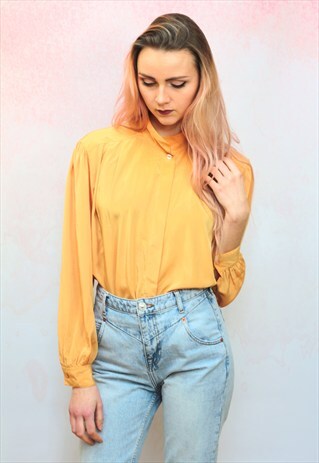 1980S VINTAGE SUNSHINE YELLOW SILKY SATIN BLOUSE