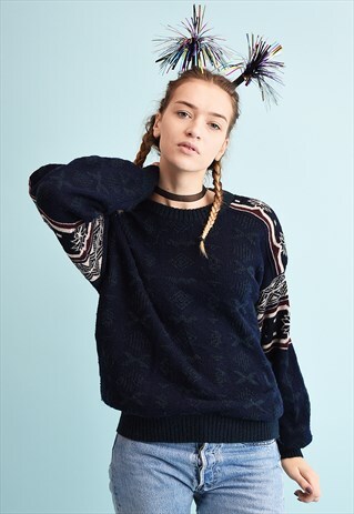 90'S RETRO FAIR ISLE KNIT OVERSIZED NAVY CHRISTMAS JUMPER