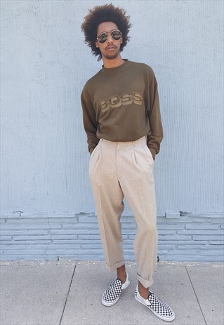50S 60S MINIMALIST HIGH WAIST BEIGE CROPPED WOOL TROUSERS 30