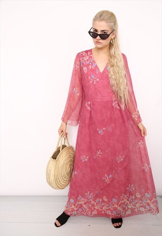VINTAGE 70S PINK FLORAL MAXI DRESS