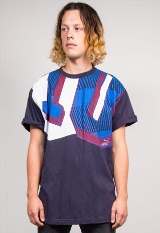 90'S PUMA VINTAGE NAVY ABSTRACT GEOMETRIC SHAPE T-SHIRT