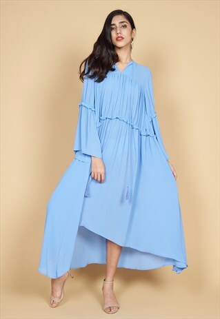ANNABEL CRINKLE CHIFFON RUFFLE MAXI DRESS IN BLUE