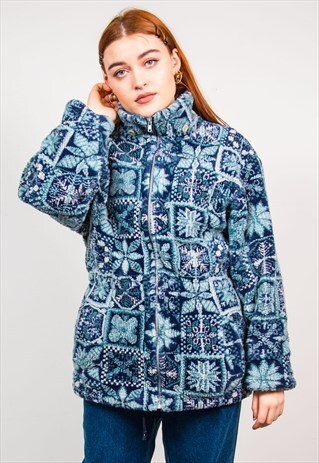 VINTAGE 90'S BLUE THICK FLEECE SNOWFLAKE PATTERN JACKET