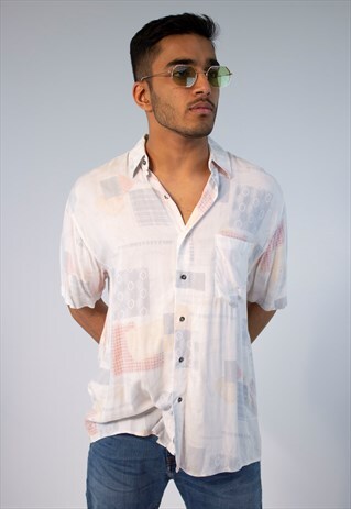VINTAGE 80S SHIRT WHITE PINK BLUE PASTEL ABSTRACT GEOMETRIC