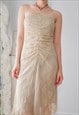 Y2K GLAM GOLD ASYMETRICAL BANDEAU FLORAL LACE DRESS