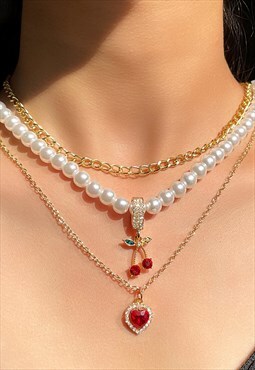 Festival heart cherry gold pearl necklace stack