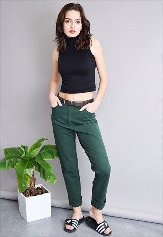 90'S RETRO HIGH WAIST DARK GREEN DENIM CLASSY MOM'S JEANS