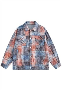 Tie-dye check denim jacket distressed plaid jean varsity