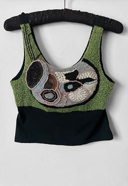 80's Vintage Beaded Black Green Embellished Crop Vest Top