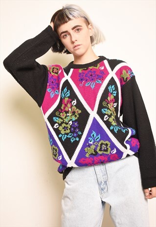 80'S RETRO FLORAL PATTERN KNIT JUMPER IN MULTICOLOUR