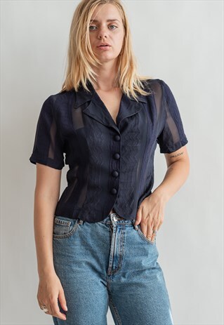 VINTAGE 60S FITTED BLOUSE WITH BUTTON UP FRONT IN BLUE