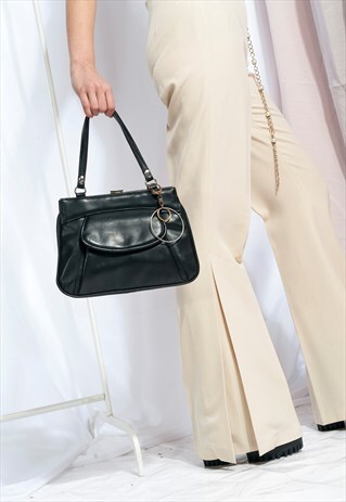 VINTAGE FAUX LEATHER BAG 70S BLACK FAKE LEATHER HANDBAG