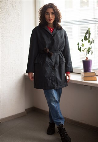 VINTAGE 80'S NAVY FAUX FUR COLLAR BELTED COAT