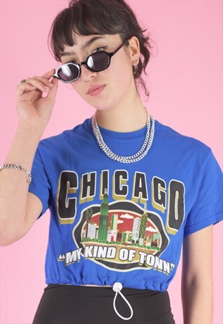 VINTAGE REWORKED CROP TOP IN BLUE WITH CHICAGO PRINT