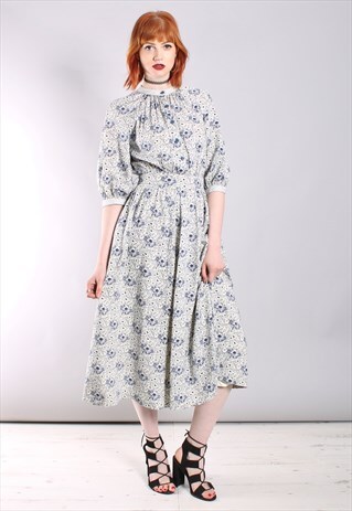 VINTAGE 80S FLORAL RUCHED BUTTON MIDI DRESS