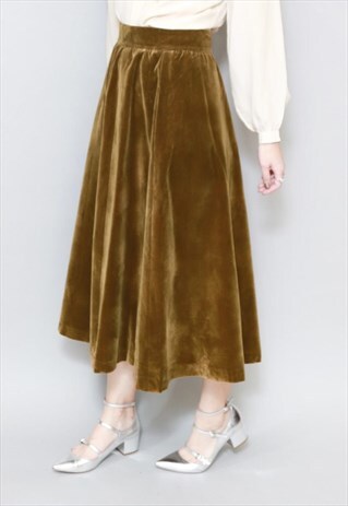 VINTAGE 1970'S STUDIO DRESS OLIVE GREEN VELVET MIDI SKIRT