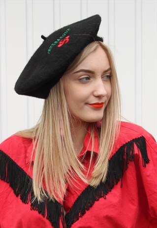 VINTAGE 80S BLACK & RED WOOL BERET